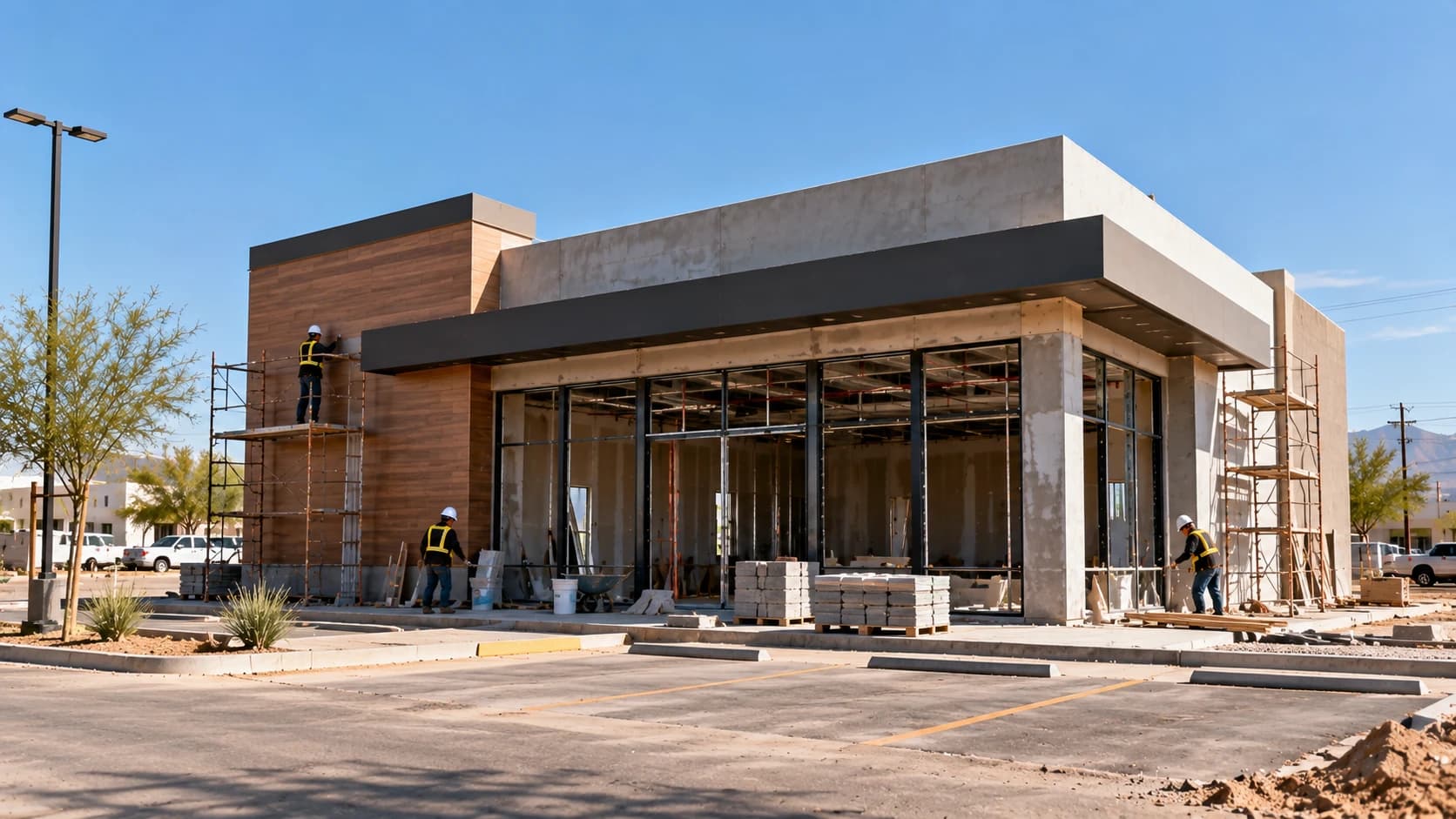 Local comercial en construcción con fachada de concreto y cancelería