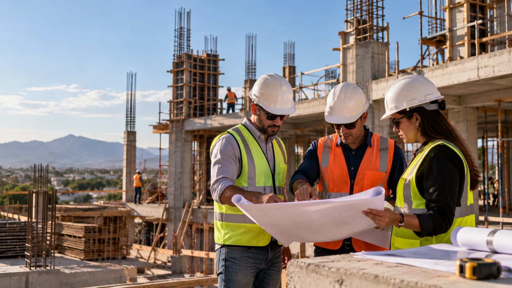 Tres profesionales con casco revisan planos en una obra de concreto