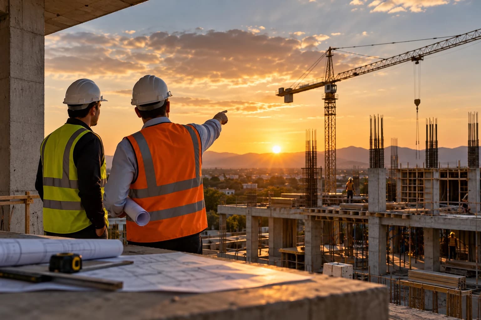 Dos supervisores con chaleco revisan el avance de una estructura de concreto al atardecer